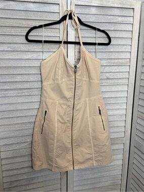 American Eagle Y2K Halter Mini Dress Size 6 Beige Zip Front Utility Cargo NWT